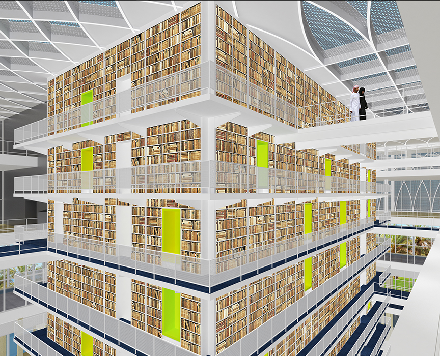 The Book Stack is located in the heart of the library. It celebrates the history of knowledge, by allowing visitors to see a vast collection of books at a glance.
