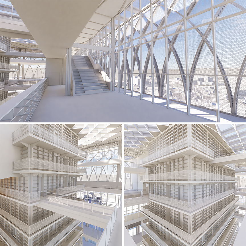 A Children’s Library (top) overlooking into a Book Stack at the core of the building which is connected via. bridge(s).