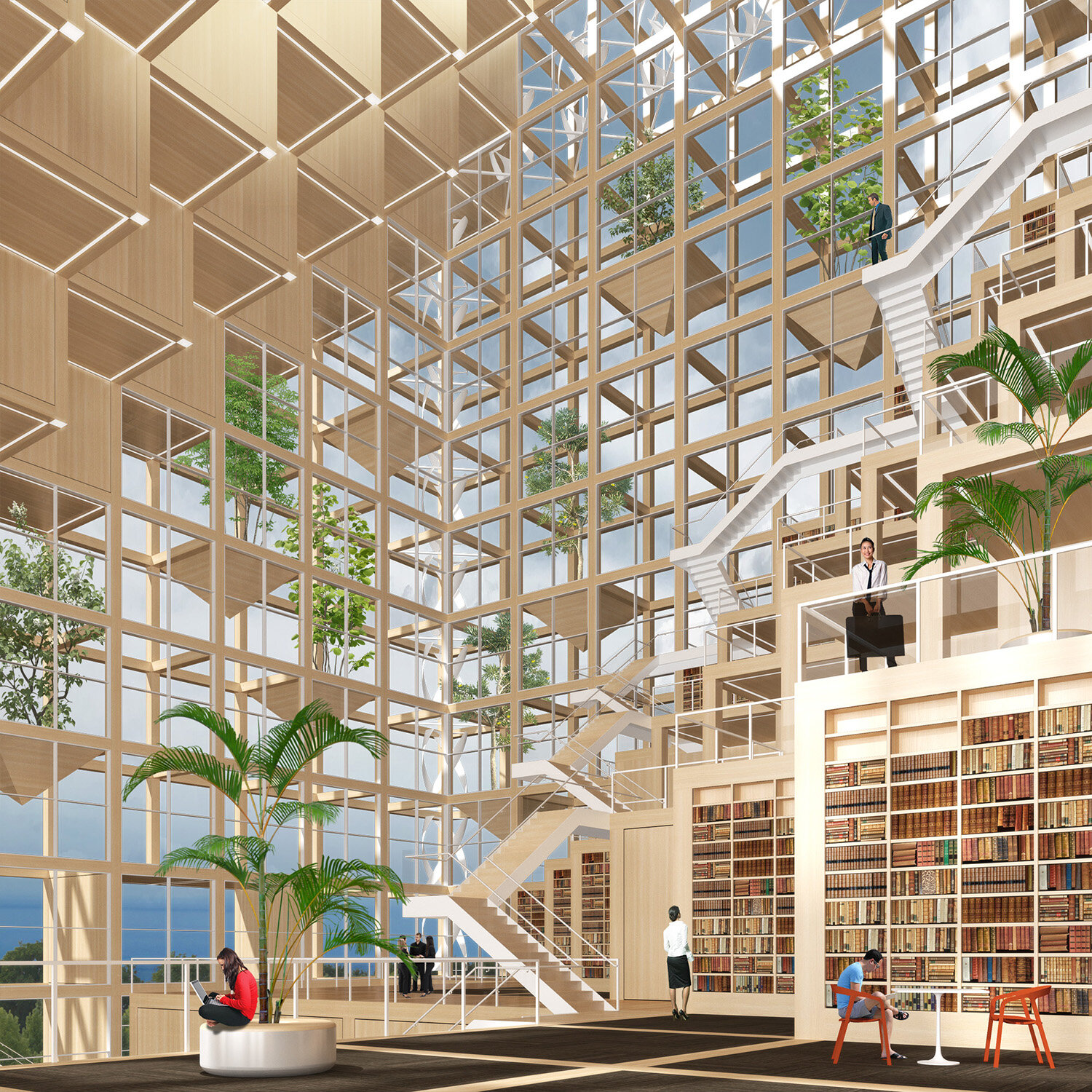 Proposed exterior design embraces materiality of the wood, while weaving “nature” into the modular framing.