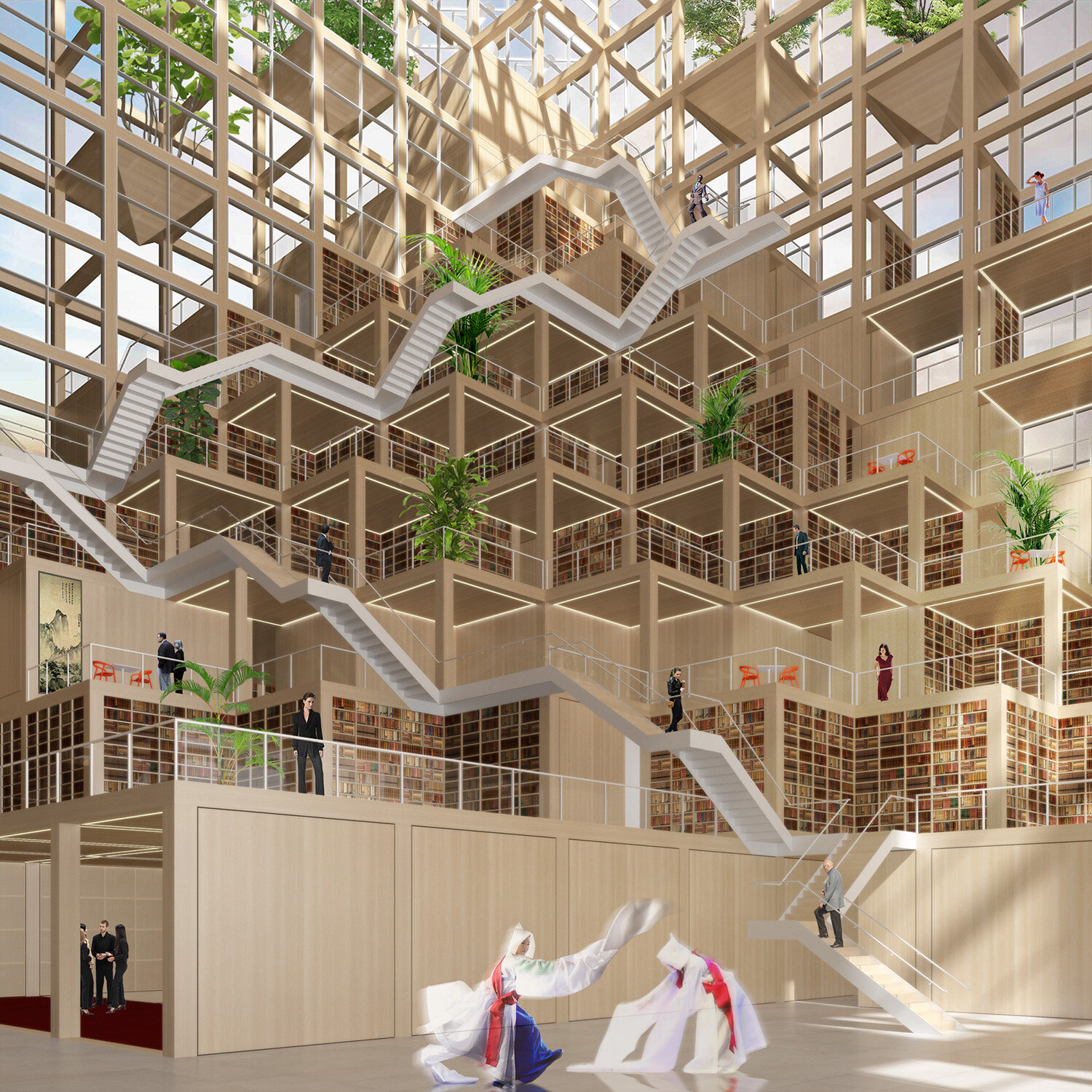 Interior of the main library space steps like a terrace, linked by the open stair, overlooking grand atrium space. The PEAK is the apex of a mountain, highest point of mattes. It embodies challenges and cravings of a humanity to attain profound know