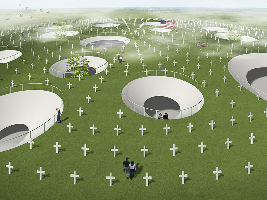 During the Memorial Day weekend, a field of crosses arranged in radial pattern occupies the grade plane.