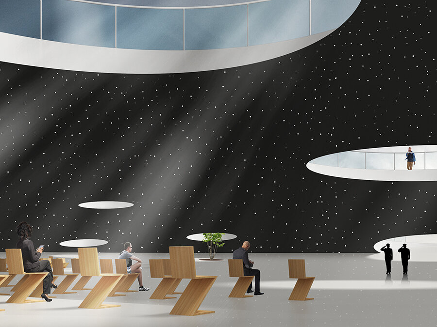 The proposed memorial is a subterranean plaza that puncture a grade plane into “Swiss cheese”. Constellation of LED stars throughout a ceiling embodies numerous people who served and sacrificed for the nation during the war. Circular sky lenses that