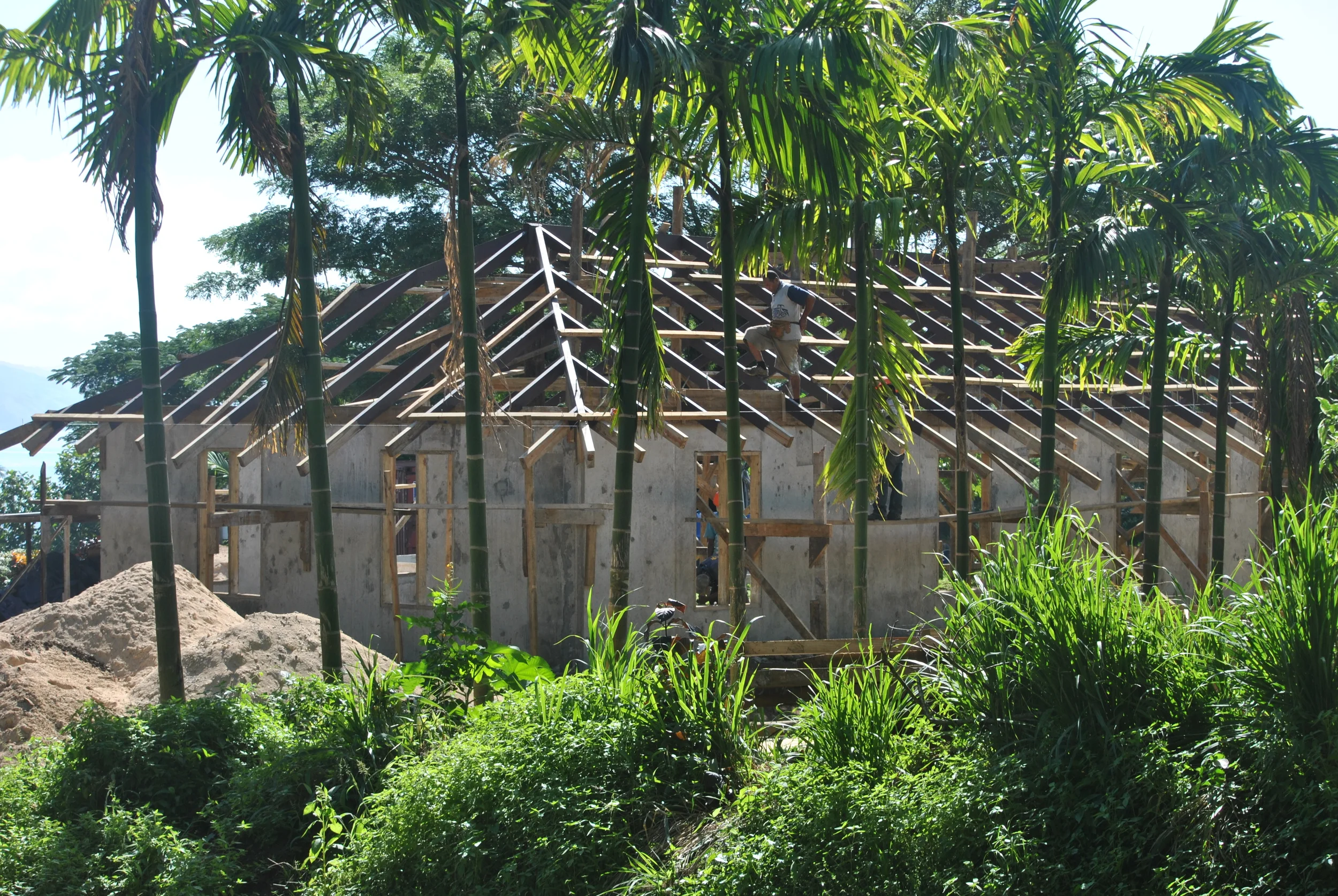 The crews are starting to prepare the roof on the Salty Fox, as viewed from the southeast corner of the property on Tui Place.
