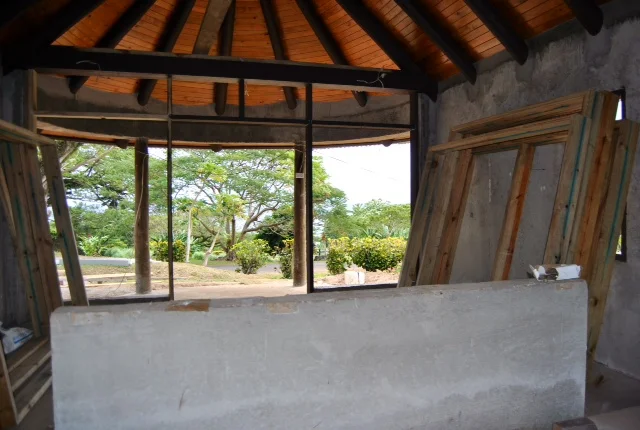 The view is looking pretty nice from the sleeping area of the bures. The short wall show separates the bedroom from the lounge. You can also see how the framing is taking shape at the front of the bure.