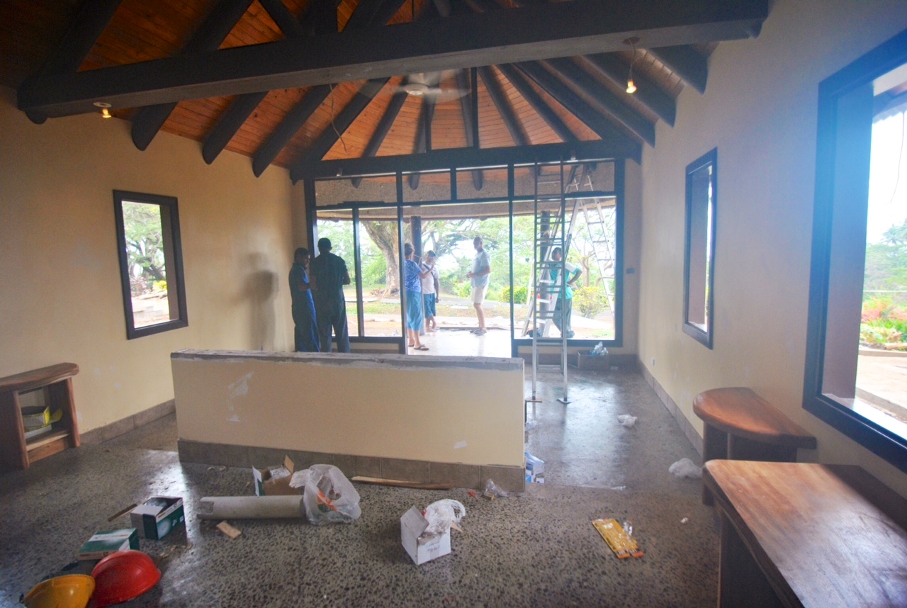 The construction crew has begun wiring the lighting and power throughout the bures. There are a couple neat things to notice in this picture. First, look at the floors! Also take a look at the locally harvested rain tree furniture.