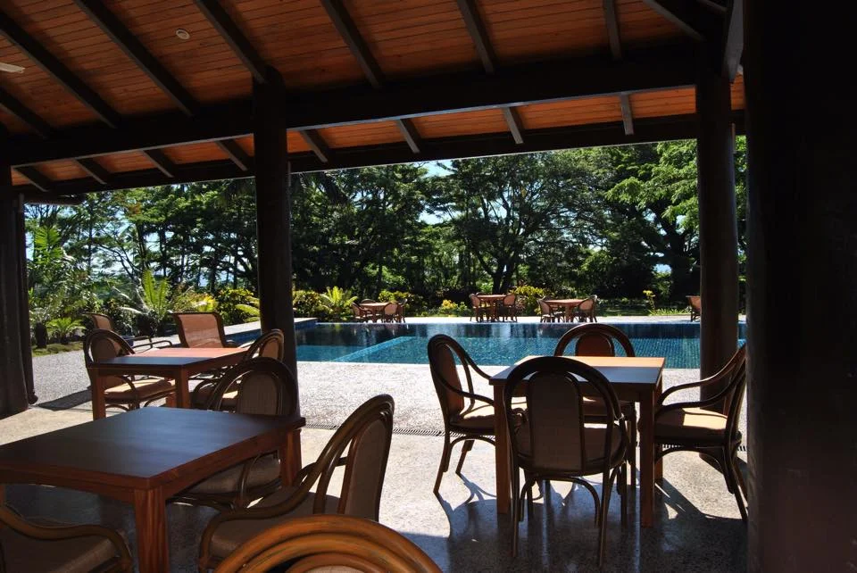 The view from the restaurant looking out over the pool.