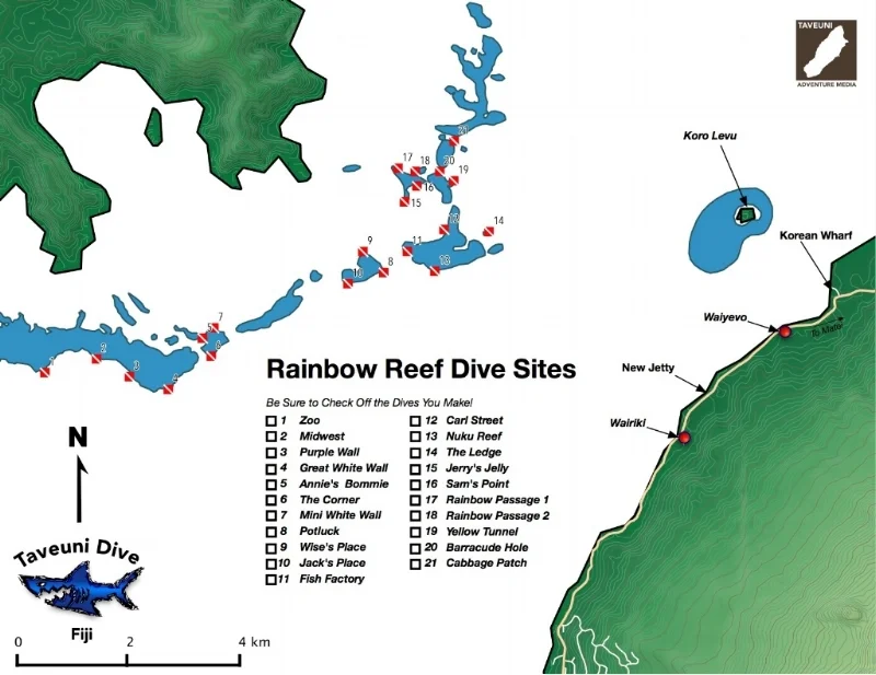 A map of popular dive sites in the Somosomo Strait.