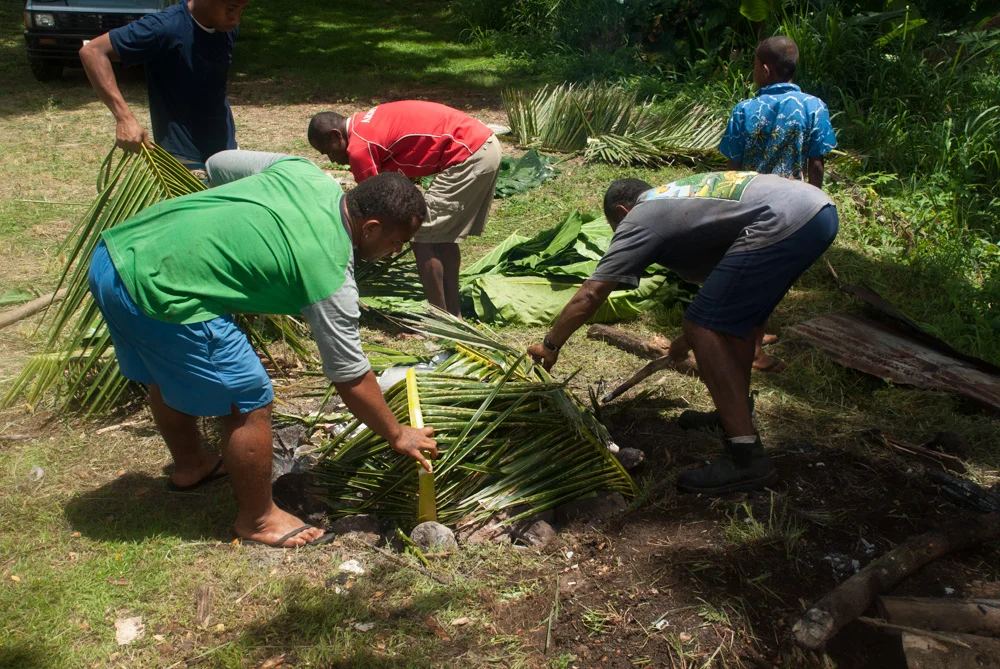 Building the lovo - adding the palm frond cover