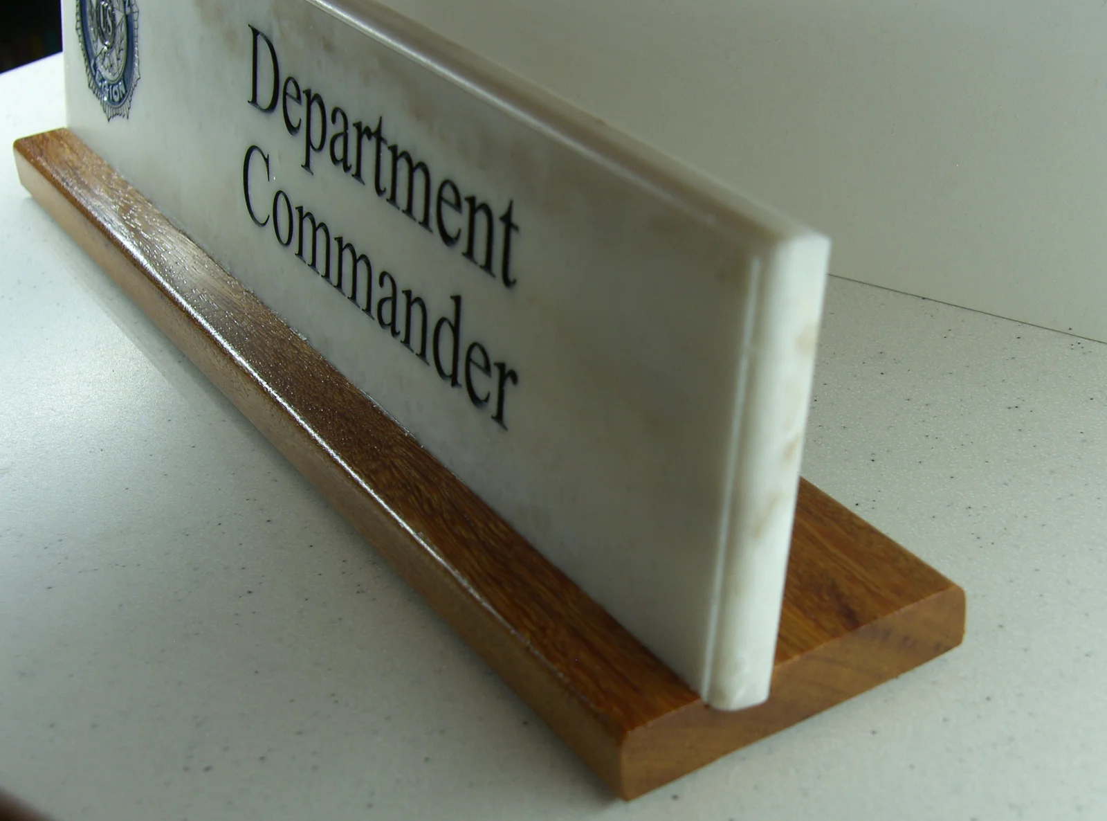 Nameplate showing the 10 degree slant on the base, also showing the stepped roundover edge