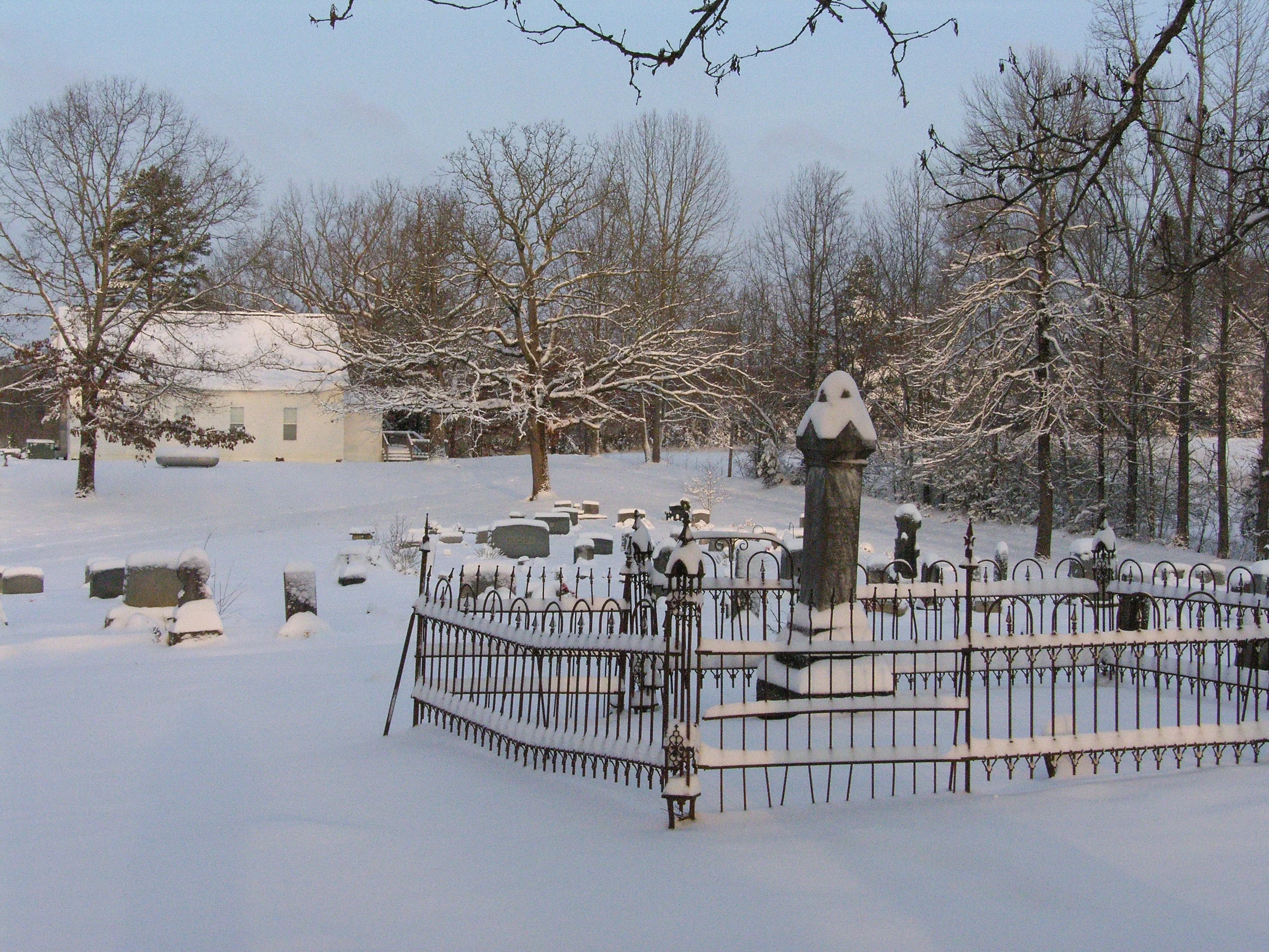 Shown here is the snow of March 8, 2008, approximately 6 inches which is a pretty good snow for this area.&nbsp; It made for an awesome view of the church and some of the old iron work at the cemetery.