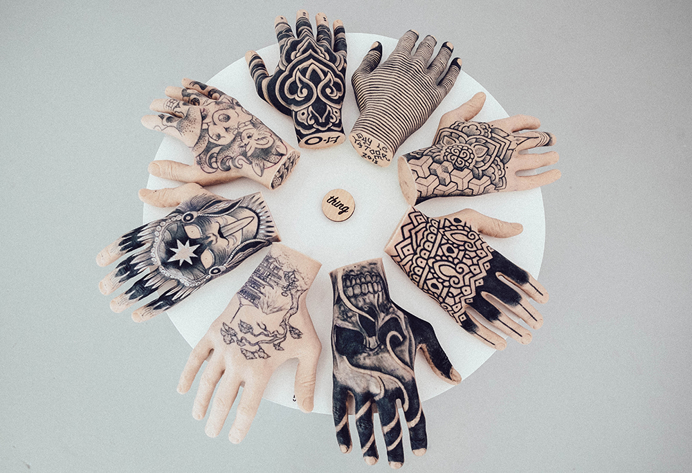 A selection of tattooed silicone hands from my 'Thing Gallery' exhibition.