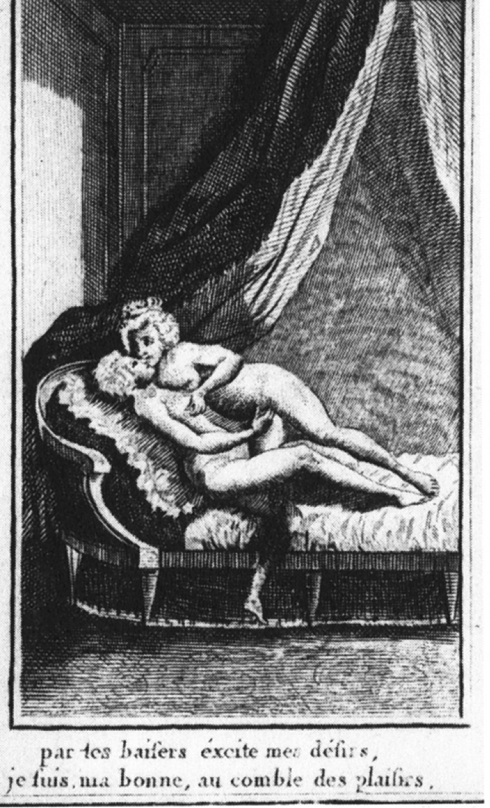 Figure 2. Typical lesbian depiction involving Marie Antoinette and the duchess of Pequigny. Louis Binet. From Marie-Jo Bonnet, Les Deux Amies (paris: Éditions Blanche, 200). Accessed at http://sappho.fromthesquare.org/?p=75 Text reads: “With your kisses, excite my desires, I am, my darling, at the height of pleasure.”