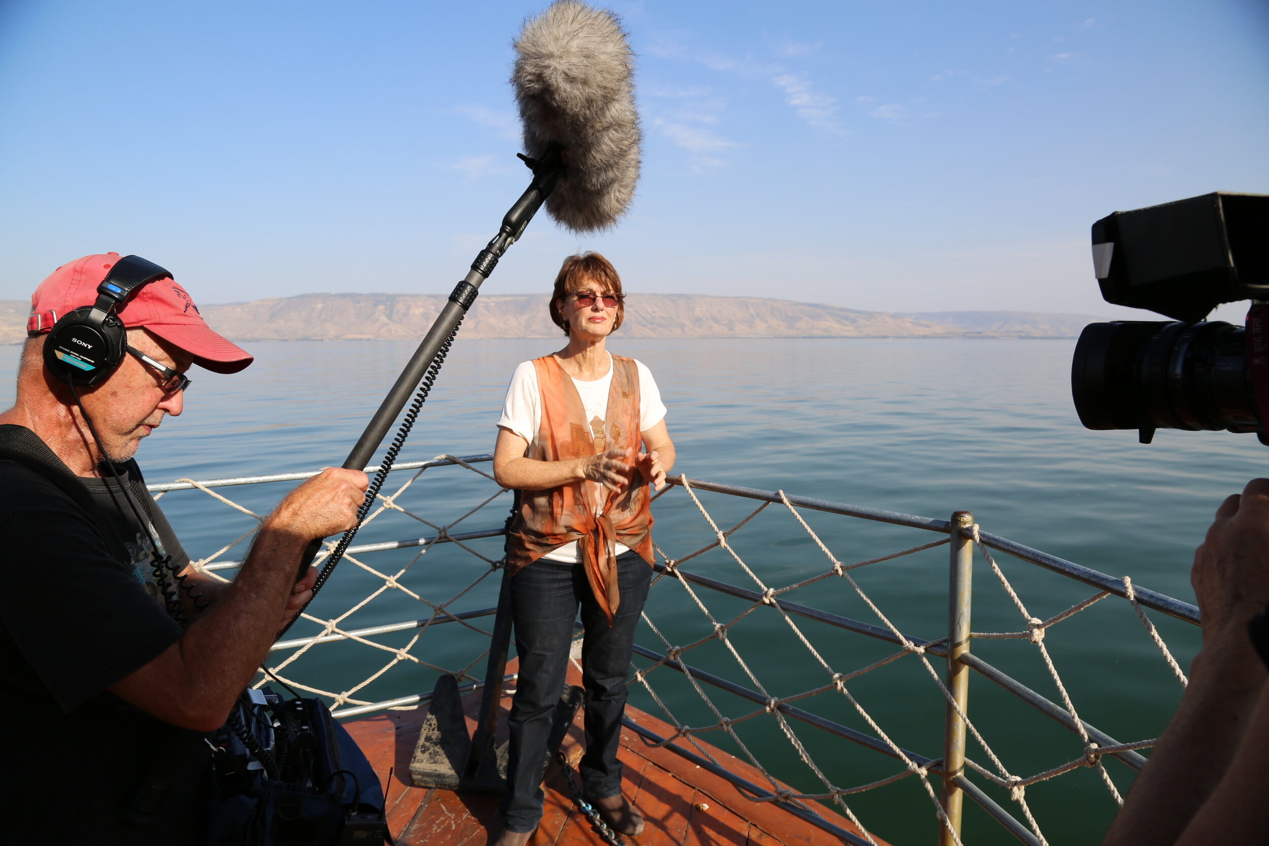 Geraldine filming on the Sea of Galillee.JPG