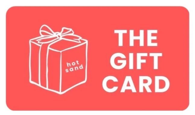 Red gift card with white outline of a wrapped gift box labeled 'hot sand' and the text 'THE GIFT CARD' in large white letters.