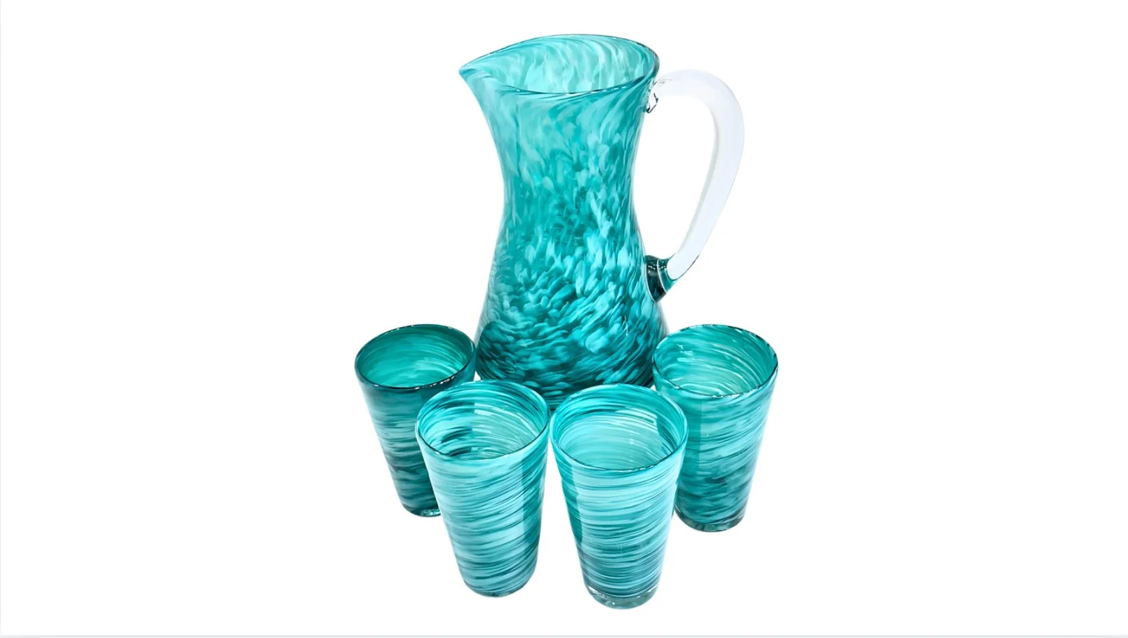 A blue and white marbled glass pitcher with a white handle, accompanied by four matching marbled glasses, all set against a white background.