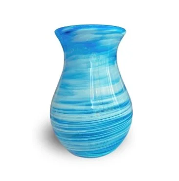 Blue marbled ceramic vase with a rounded body and narrow opening