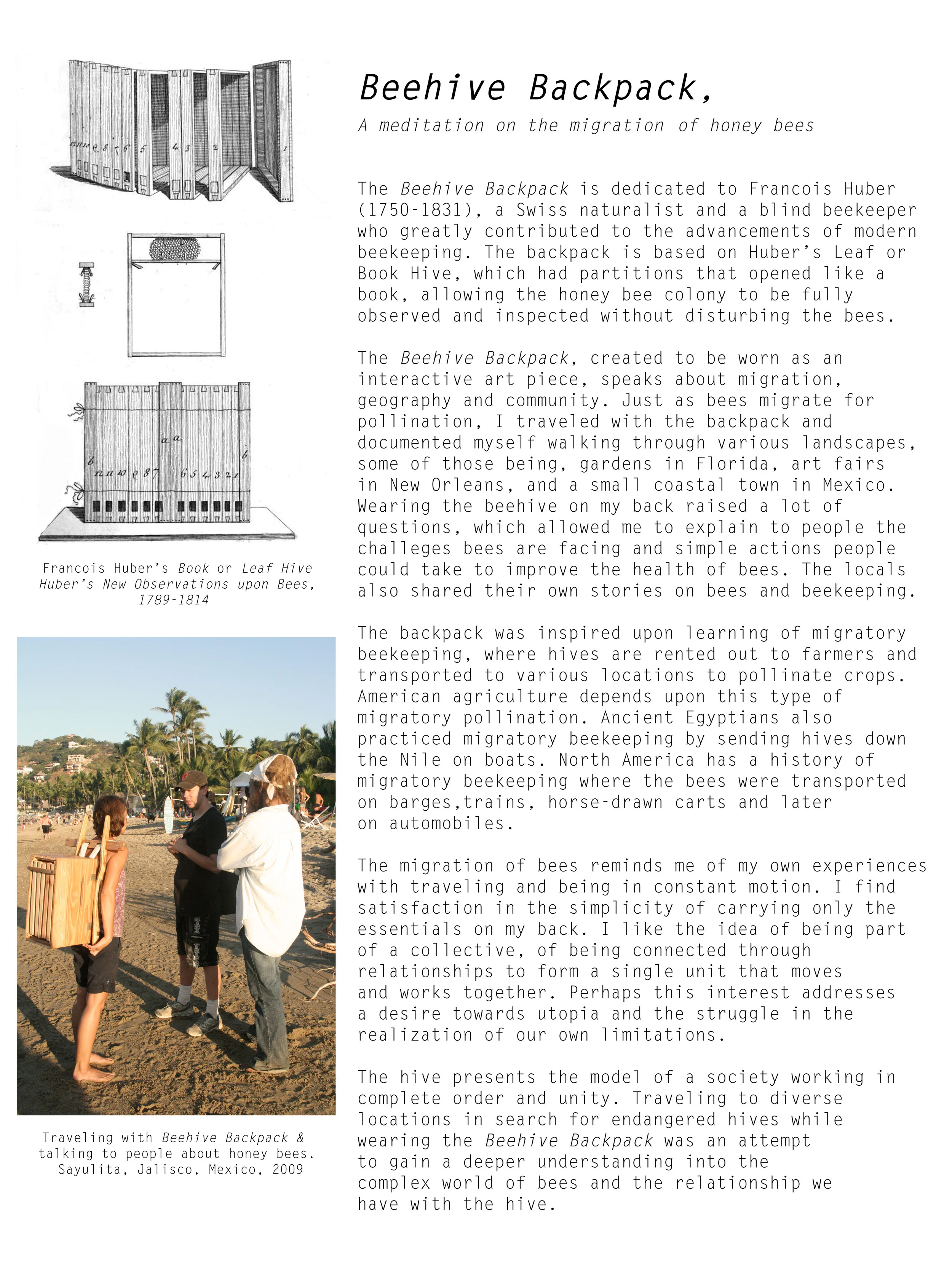 Beehive Backpack, a meditation on the migration of bees, Poster