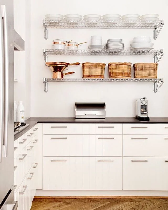 A #kitchendesign we recently completed for a client - white oak chevron floors, classic beadboard cabinetry, open shelving make this a perfect kitchen for the young family!! #rajirmdesign @rajirmdesign #kitchen #interiordesign 📷by @rikkisnyder