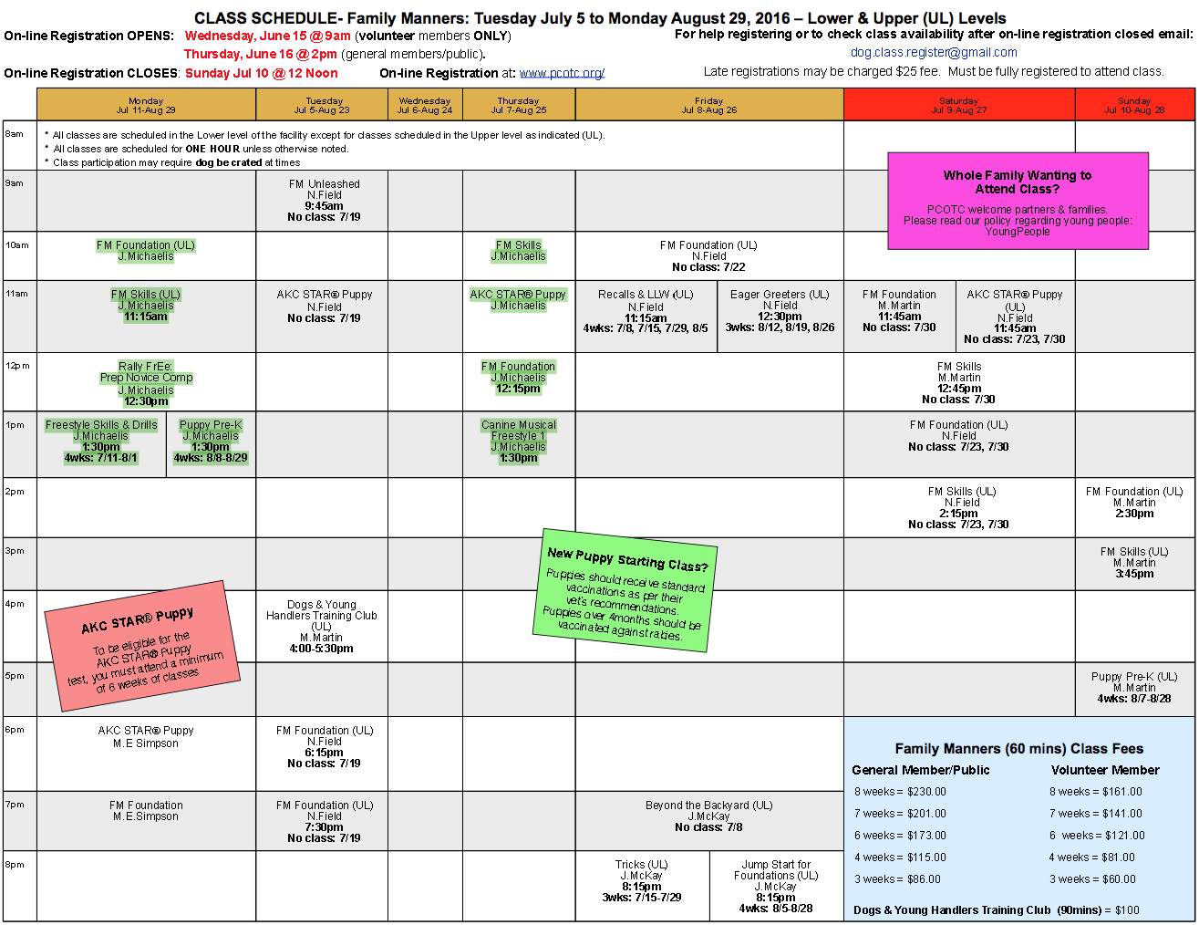 Jenn Michaelis' classes run Monday and Thursday 10-2:30pm. Highlighted in green.