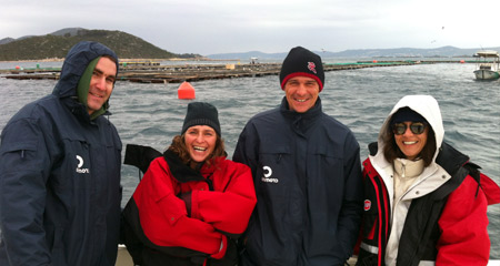 Frane Soric, Claudia Kruschel, Ivan Tot and Anamarija Frankic at the mariculture site, Island Ugljan near Zadar.