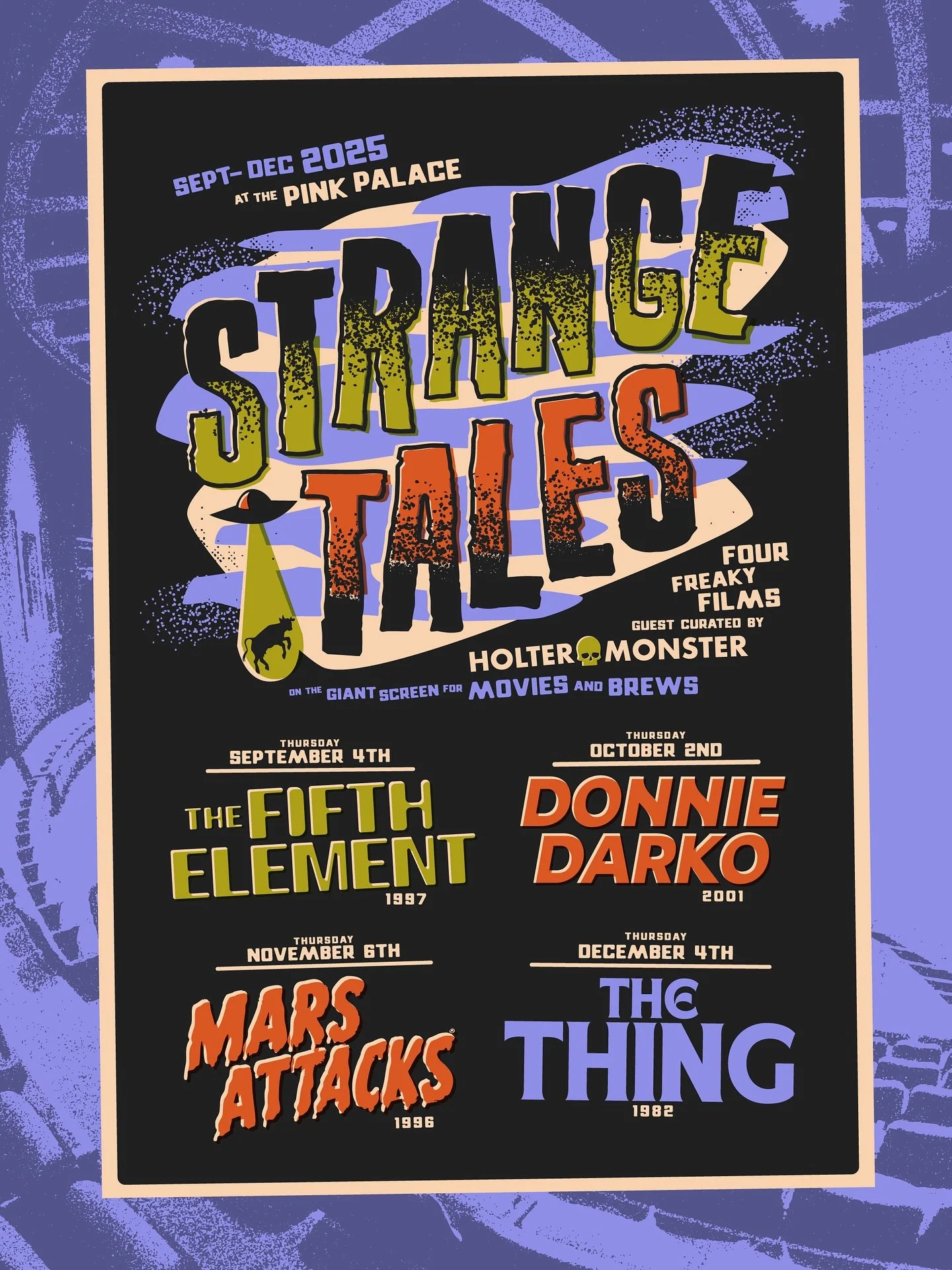 Fellow sci-fi cinephiles, mark your calendars and join me at the Pink Palace this fall for STRANGE TALES!! ✨🛸
Four freaky films curated by Holtermonster for the GIANT SCREEN at the Pink Palace! Part of the Movies & Brews series, so your ticket