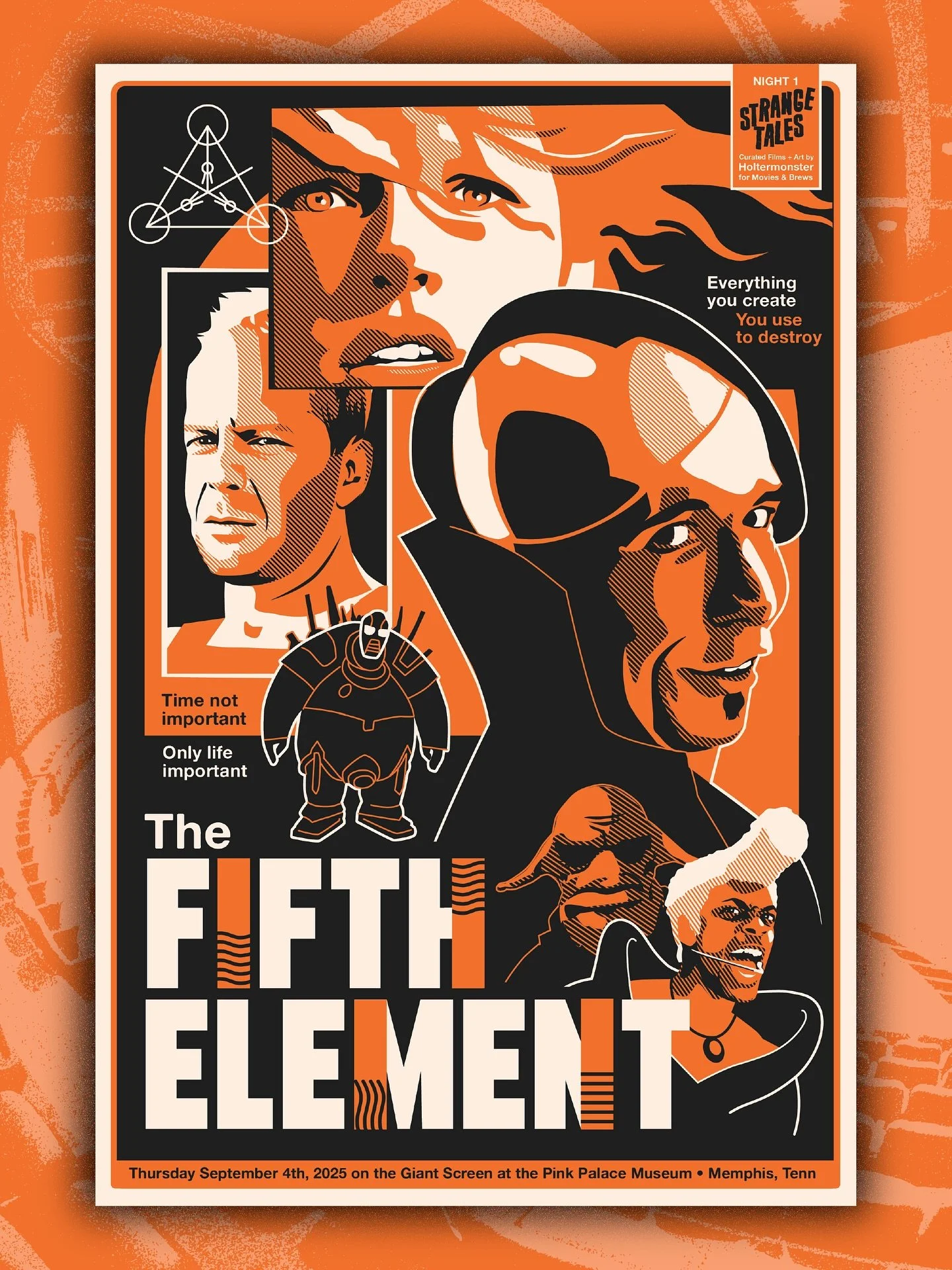 poster art for THE FIFTH ELEMENT screening this Thursday Sept 4 on the Giant Screen! 
Night 1 of my series 🌀STRANGE TALES🌀— four films guest curated by yours truly for Movies & Brews at the Pink Palace! swipe for the full lineup! 
5:30-