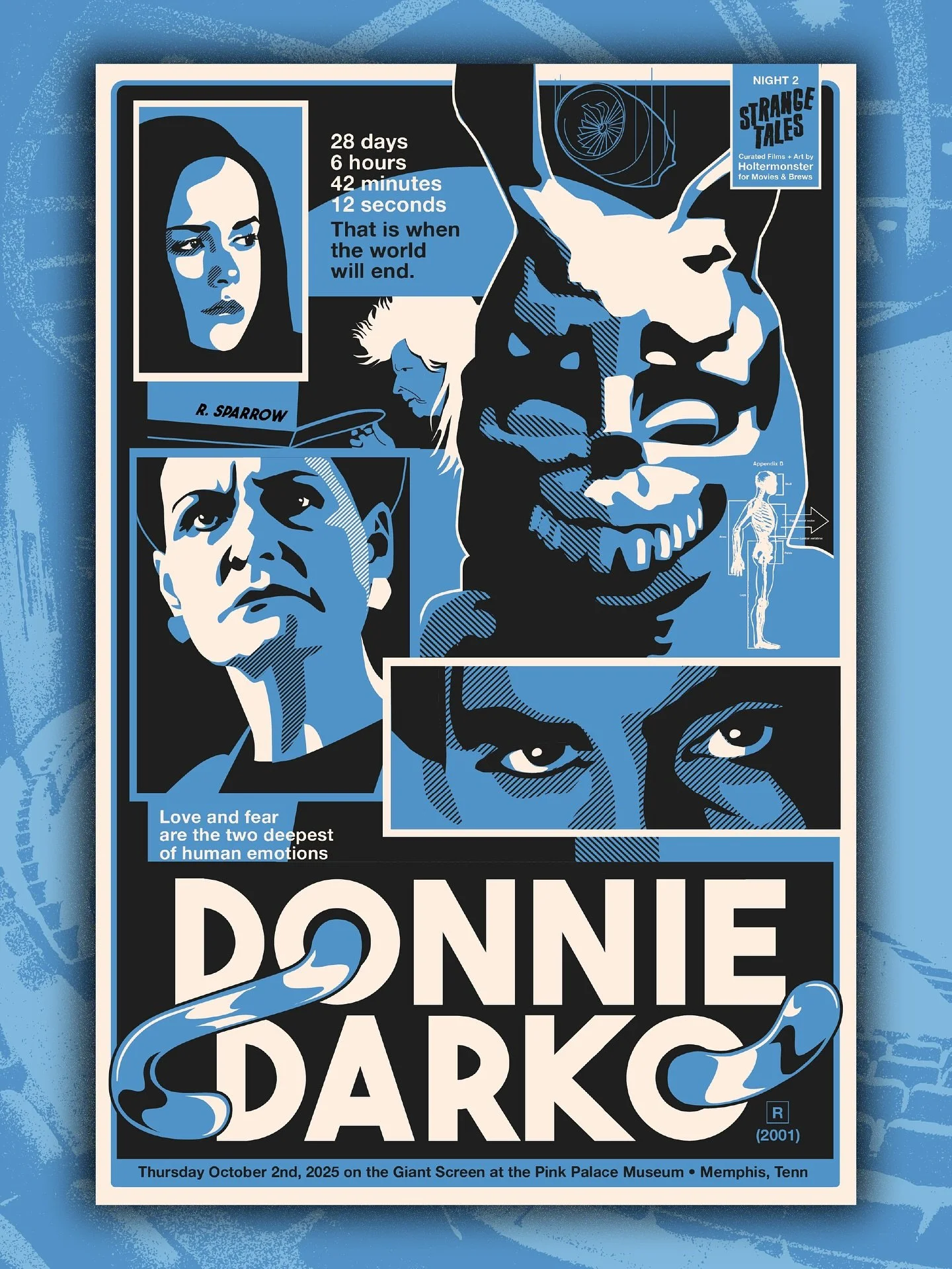 poster art for DONNIE DARKO (2001) screening this Thursday Oct 2 on the Giant Screen at Pink Palace!
Night 2 of my series 🌀STRANGE TALES🌀— four films guest curated by Holtermonster for Movies & Brews at the Pink Palace! swipe for the ful