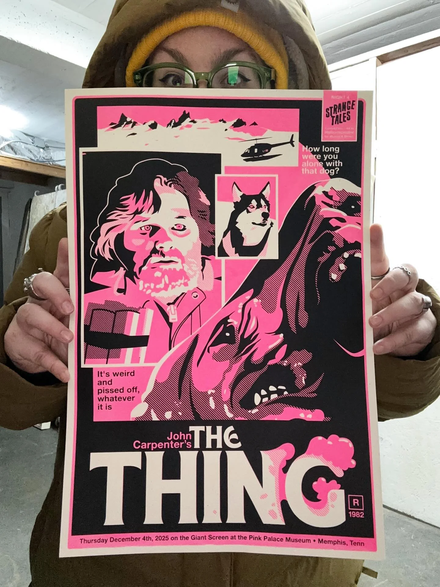 screen printed poster for John Carpenter&rsquo;s THE THING &mdash; screened last night on the Giant Screen at the Pink Palace! 

this was the 4th/final night in my Strange Tales series for Movies &amp; Brews🥲 it&rsquo;s been such a blast and honor t