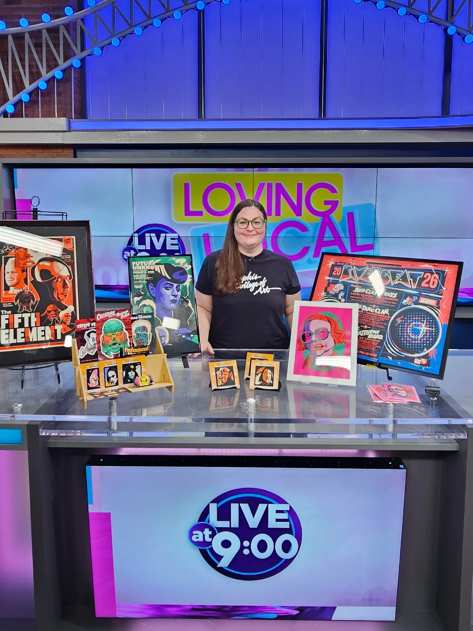 thank you to @kontji at @wreg3 for having me on Live at 9! I was a guest on the Loving Local segment last month to talk about my posters, Monster Market, and the new movie series at the Pink Palace✨ @liveat9.tv 

📸 thankful for the bts captured by @