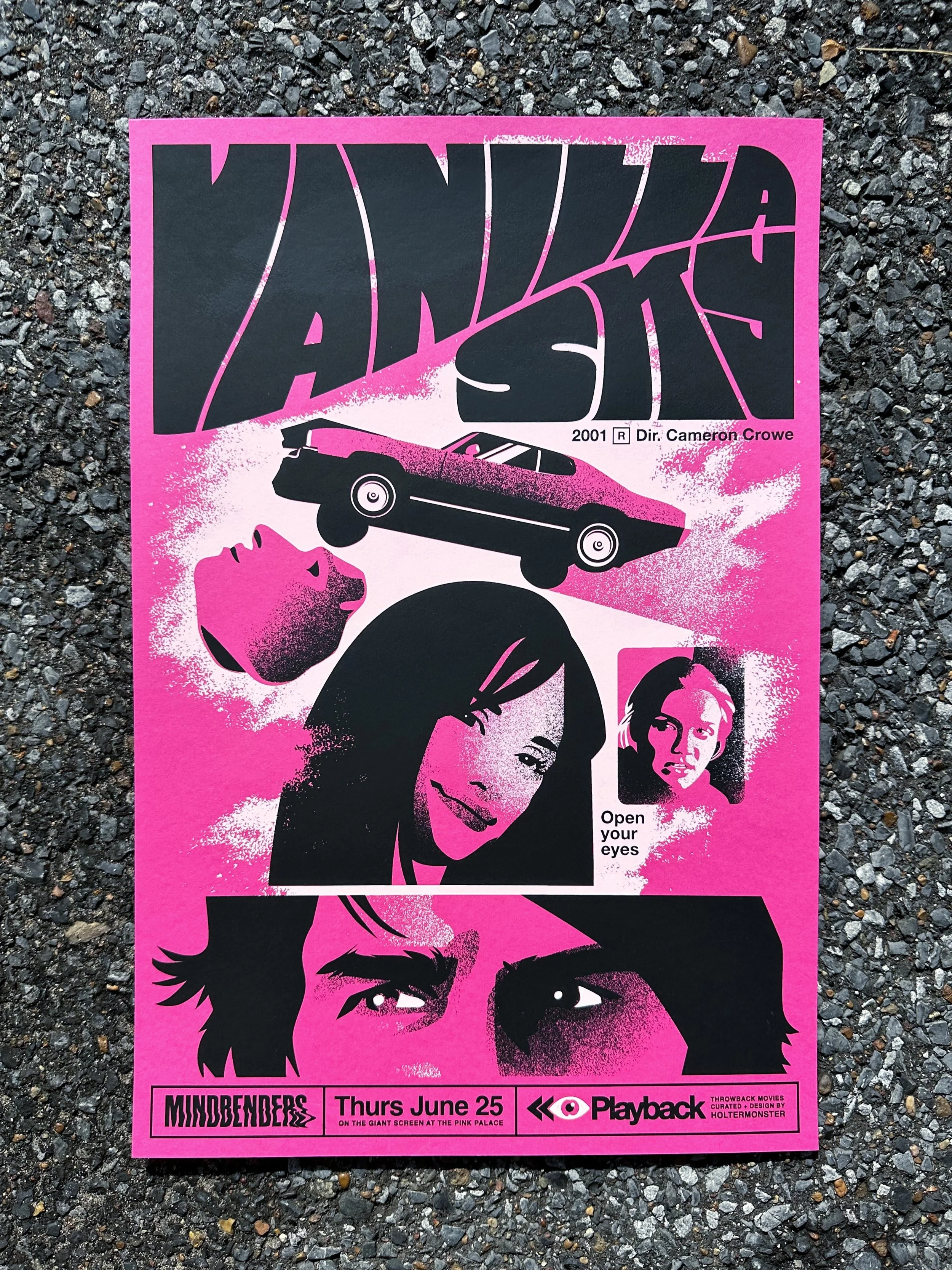 OPEN YOUR EYES. 👁️👁️ screen printed posters for VANILLA SKY are in and they look dreamy. 

🌀 Night 1 / Poster 1 of MINDBENDERS 
printed on French Paper Razzle Berry 100# card stock

as a Community Partner with the Pink Palace, I&rsquo;m curating c