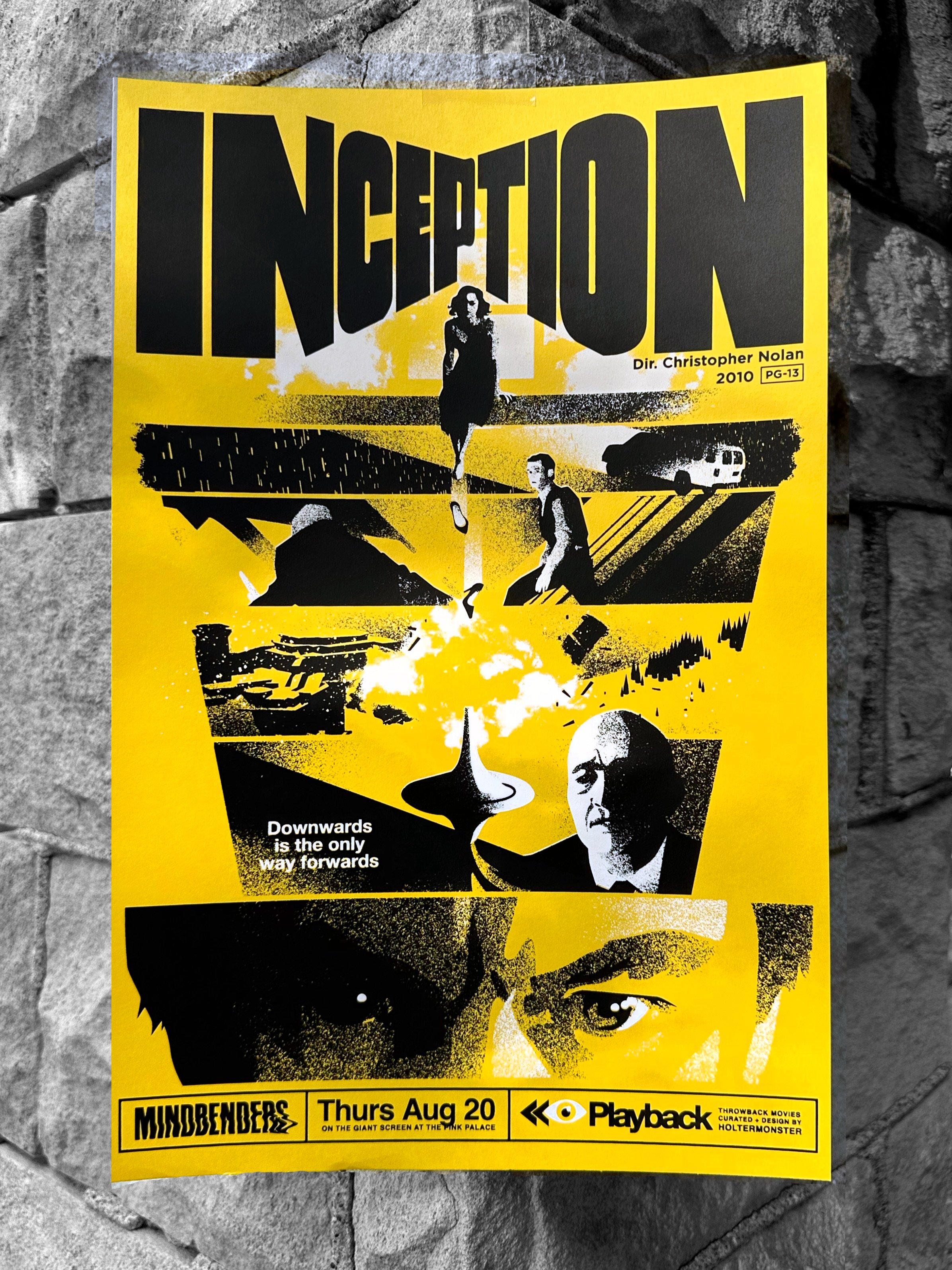 &ldquo;Downwards is the only way forwards&rdquo; 
screen printed posters for INCEPTION (2010) 

🌀 Night 3 / Poster 3 of Playback: MINDBENDERS
printed on French Paper Lemon Drop 100# card stock
by @creation.press 

I&rsquo;m curating cult classics on