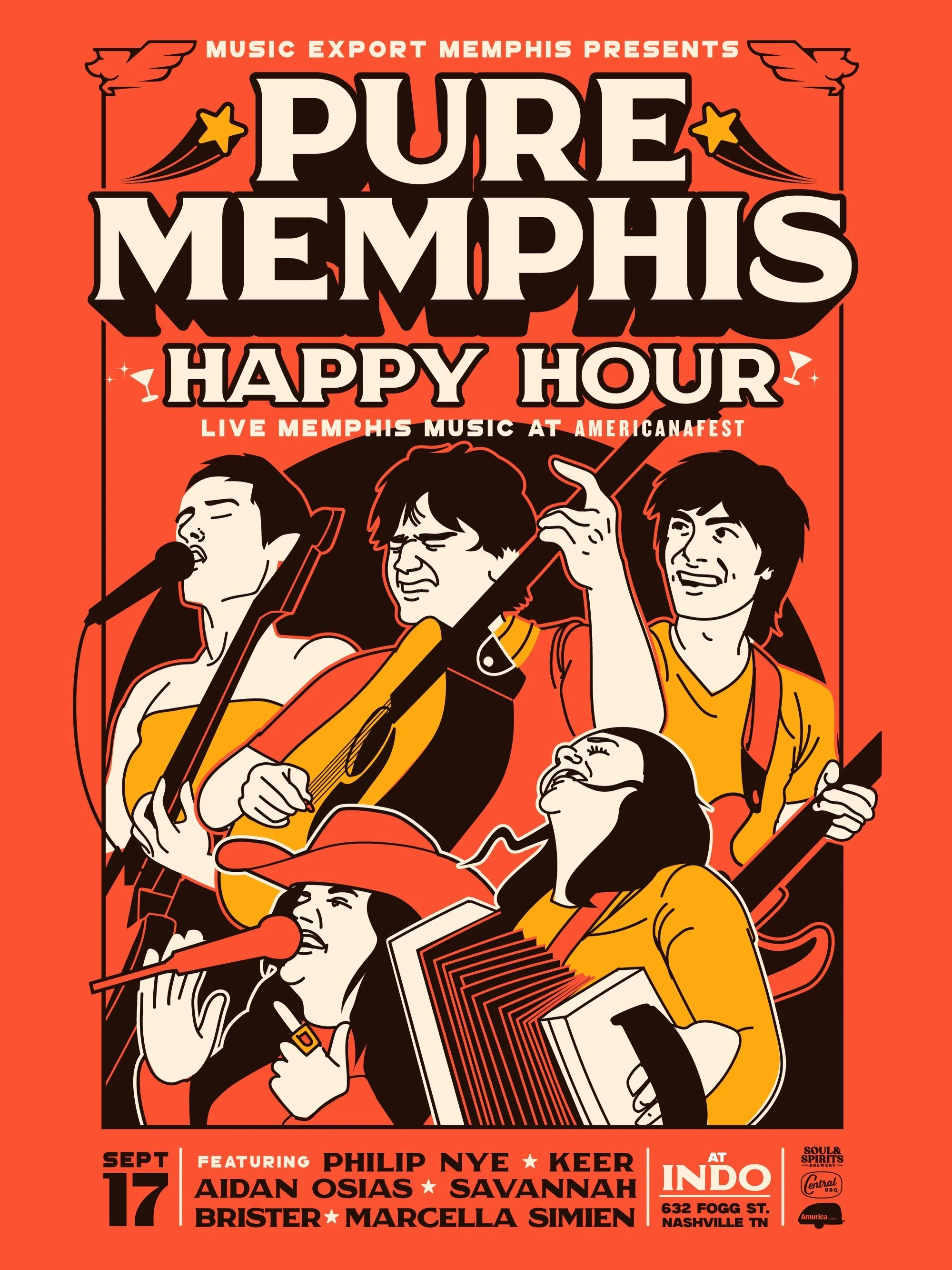 Loved creating the collateral for this years PURE MEMPHIS HAPPY HOUR at Americana Fest!&mdash; featuring illustrated likenesses of Philip Nye, Keer, Aidan Osias, Savannah Brister, and Marcella Simien, all from right here in the 901!

This is just one