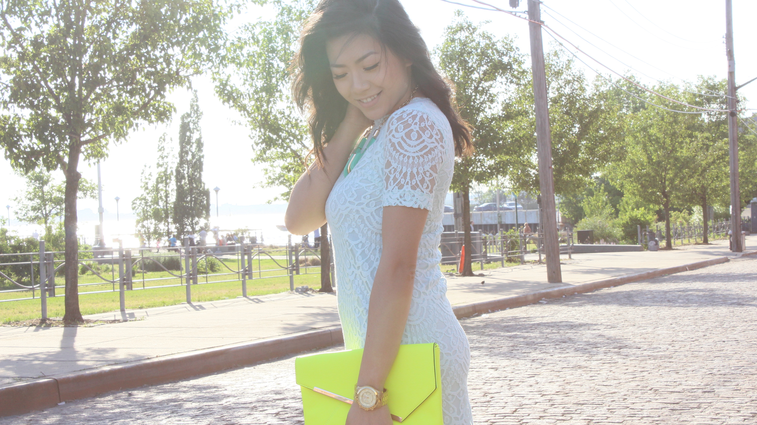 Dress – H&M Ankle cuff heels- ShoeDazzle Neon Yellow Clutch- LeTote 