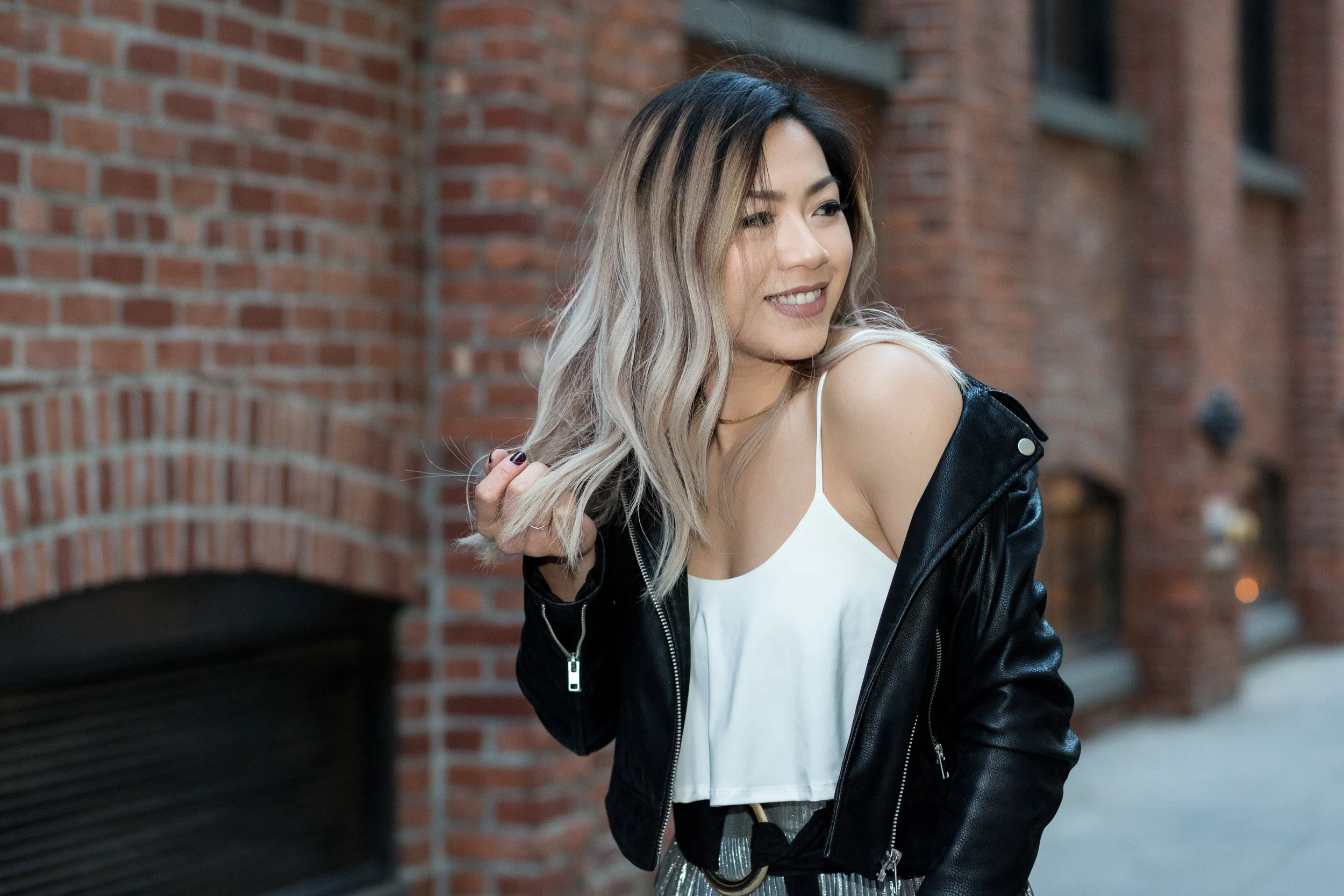 Elva silver Metallic Pleated Midi Skirt,boohoo, moto leather jacket, how to style. holiday outfit ideas, kendal and kylie lace up booties, fall outfit, winter outfit 