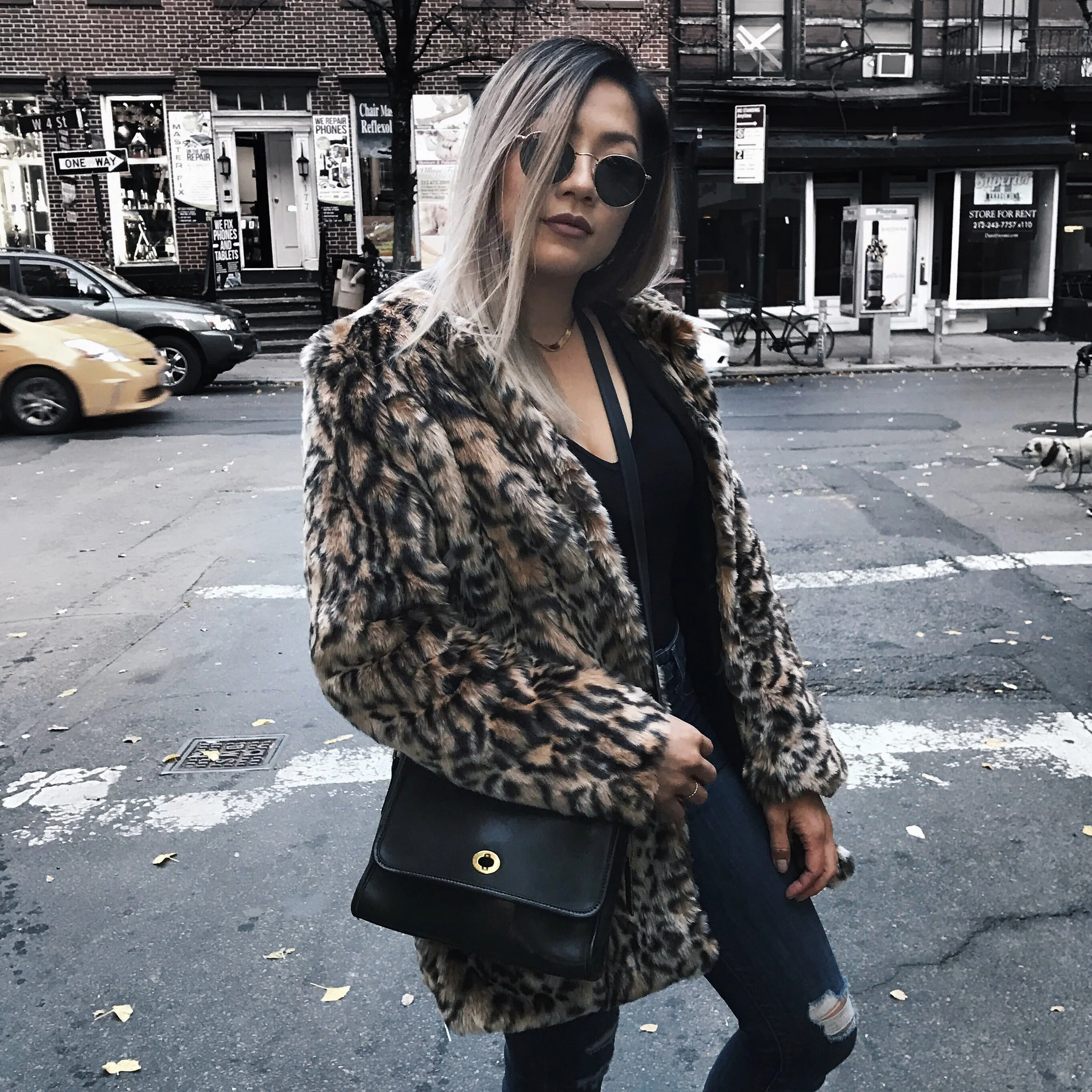 Steve Madden Faux Fur Leopard Print Coat - SHOP THE COAT BELOW | Purse: Coach Vintage Crossbody Bag - something similar here
