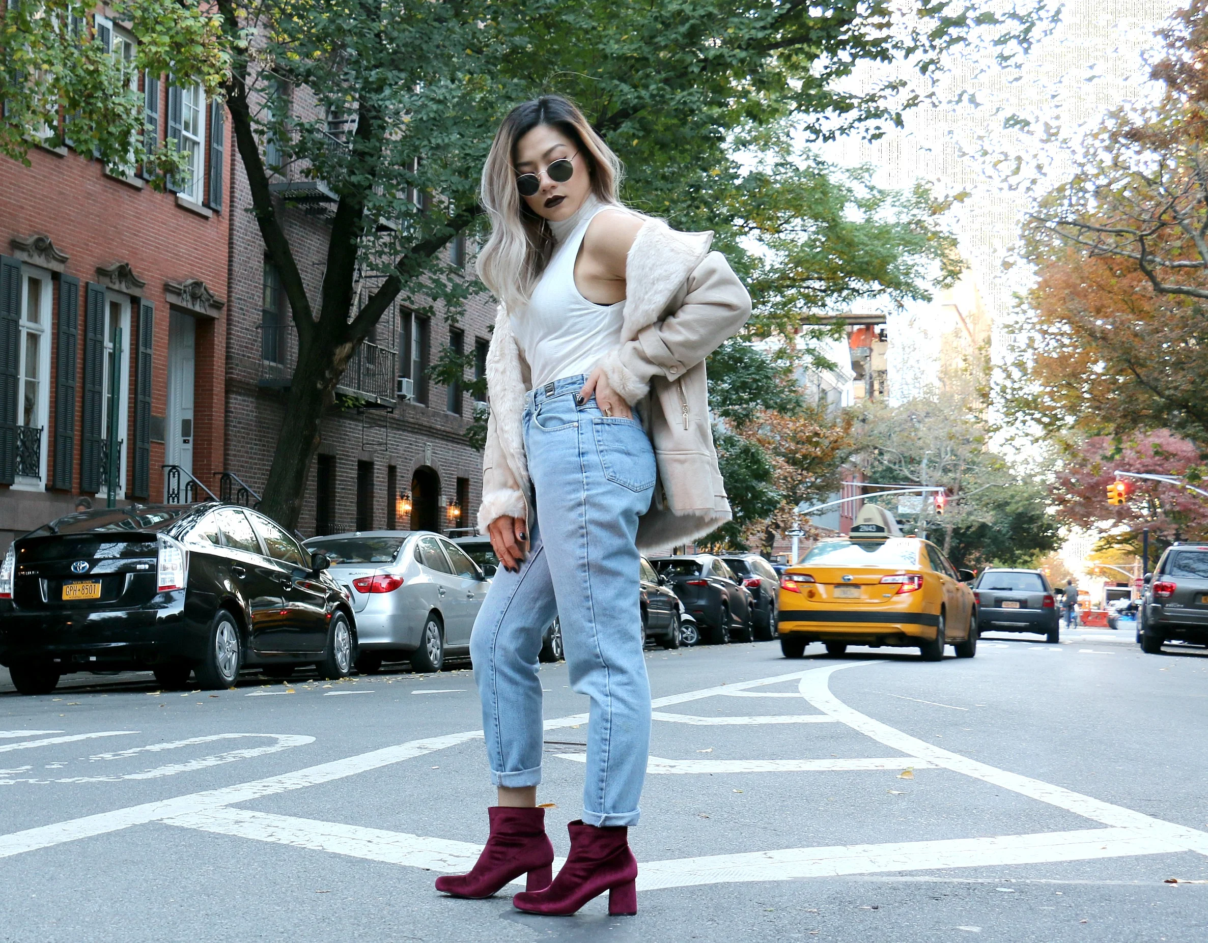 Faux Shearling Coat Boutique Mia Bonded Faux Fur Suedette Aviator - BOOHOO (similar coat here) | Shoes:&nbsp;Gabriella Velvet Ankle Boot from BOOHOO (similar shoes here)&nbsp;| Vintage Mom Jeans - VERSACE (thrifted - similar jeans here ) | White Sle…
