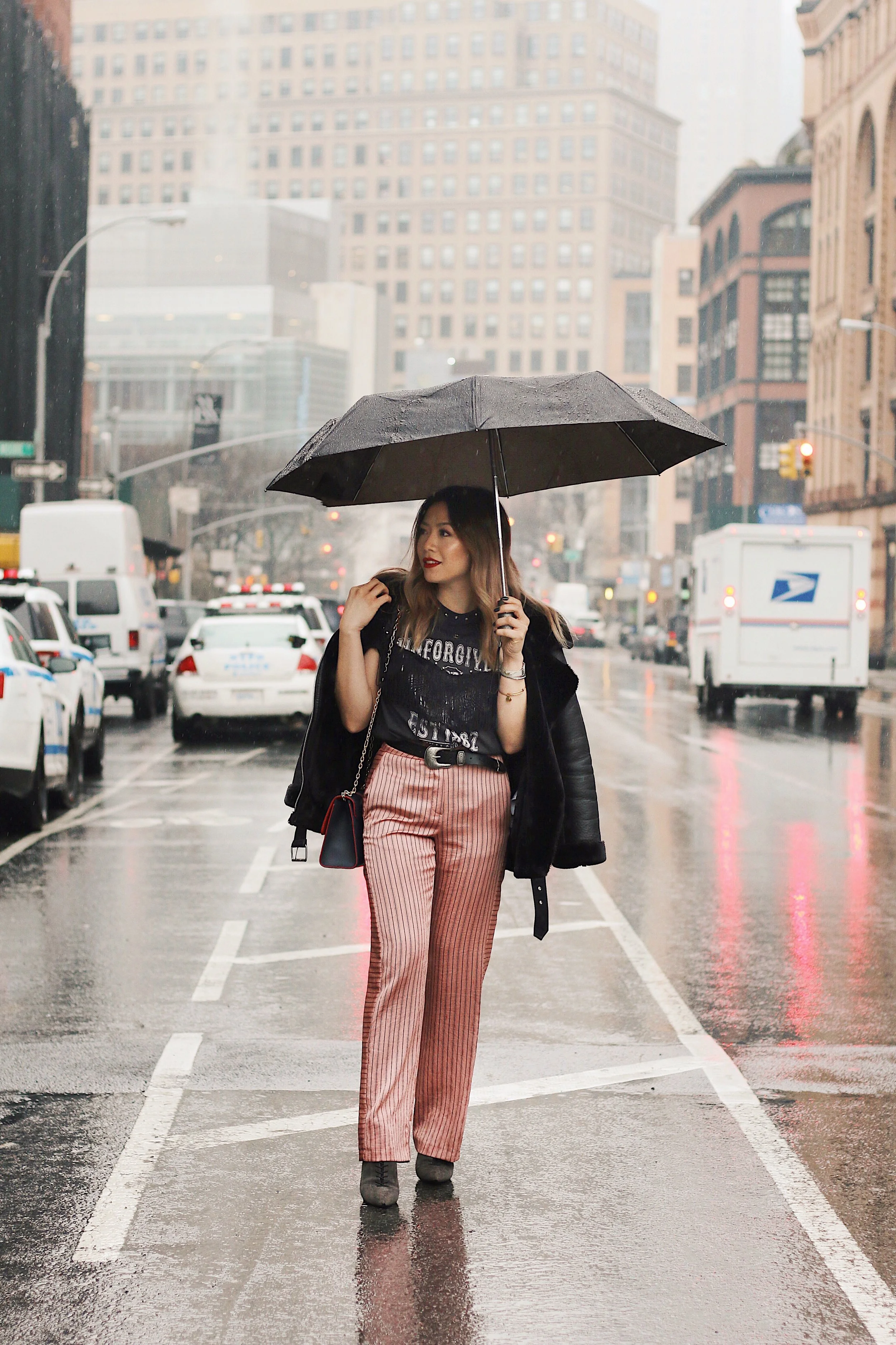 Topshop Unforgiven Studded Motif T-Shirt - Washed Black,Stripe Slouch Trousers - Blush, western belt
