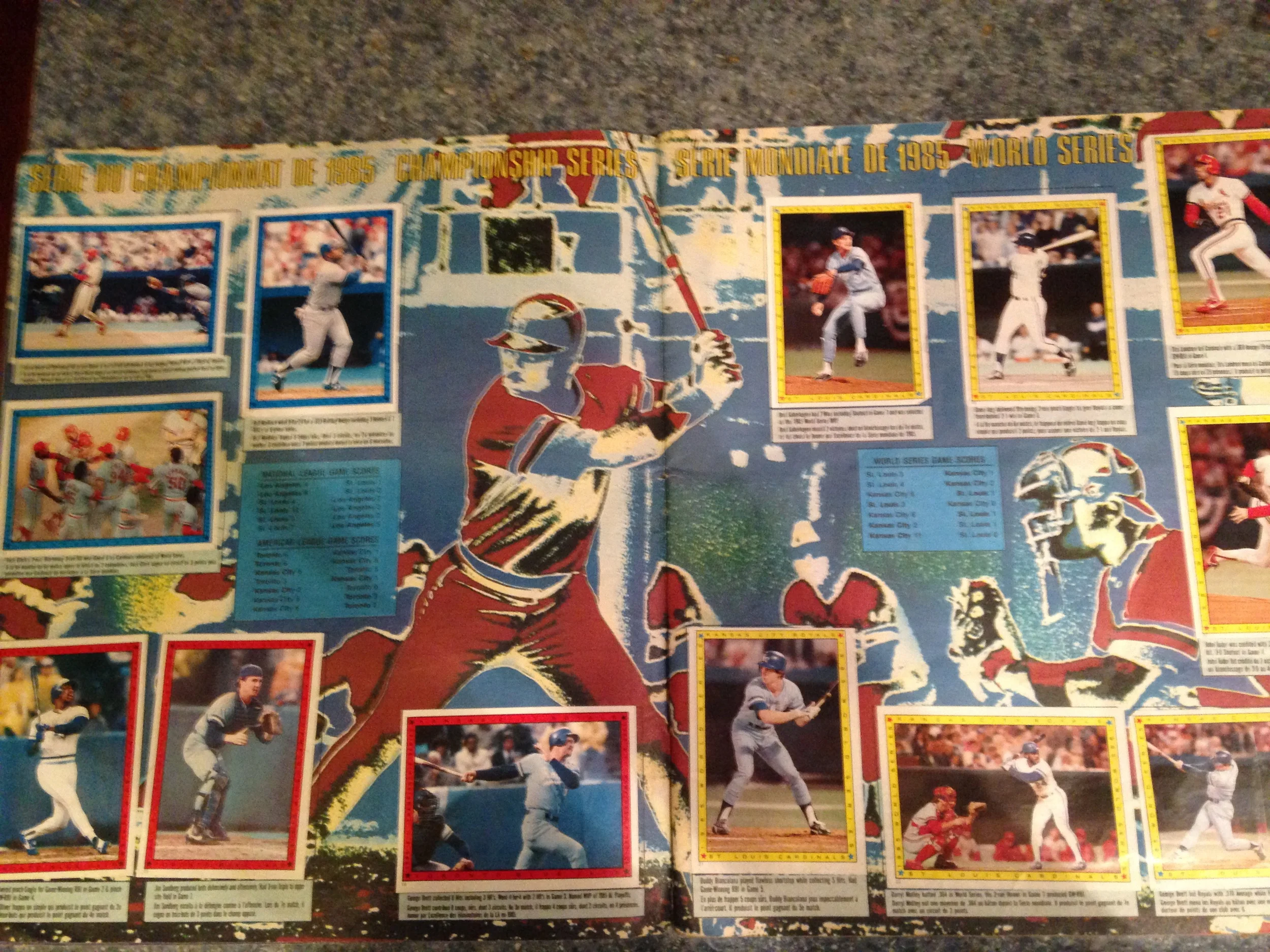 A visually distracting summary of the 1985 World Series in stickers (Kansas City Royals v. St. Louis Cardinals)