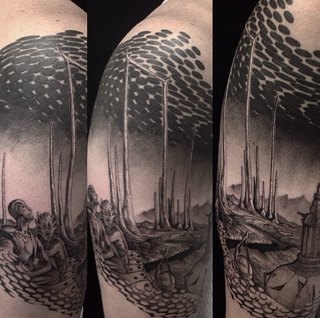 Derek Lewis's adaptation of Michael Whelan's Descent , featured on Ray Bradury's The Martian Chronicles (Bantam Spectra) and now, my right arm.