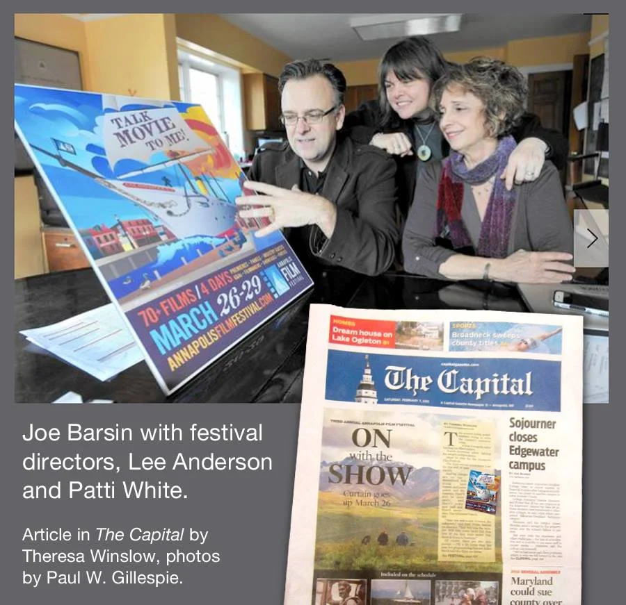 Joe Barsin describing the Film fest poster illustration with festival directors, lee anderson and patti white.