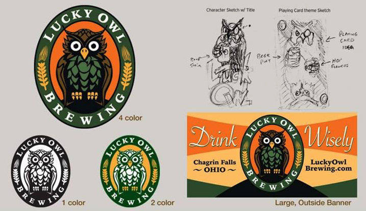 Lucky Owl Brewing logo with concept sketches