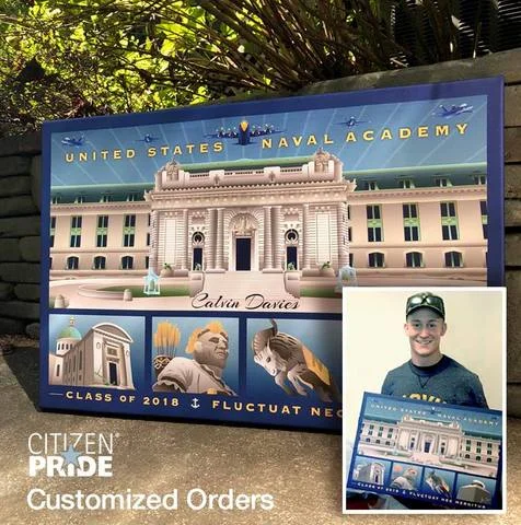 Calvin Davies, a recent USNA graduate, pictured with a customized gift from sponsor family.
