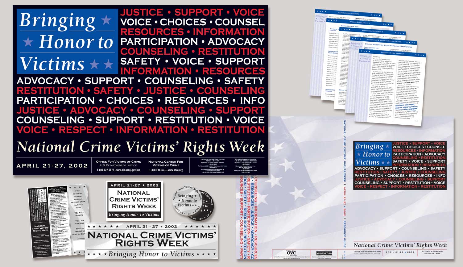 The 2002 National Crime Victims’ Rights Week Poster and samples of supporting graphics by Joe Barsin