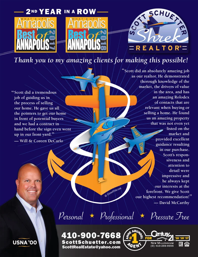 USNA Graduation - May Theme - Scott Schuetter Realtor Ad - part of an ongoing campaign in What’s Up? Annapolis magazine