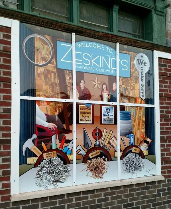 Mural Illustration by Joe Barsin mounted on metalic and installed on outside wall of Zeskind’s Hardware store in Pigtown, Baltimore.