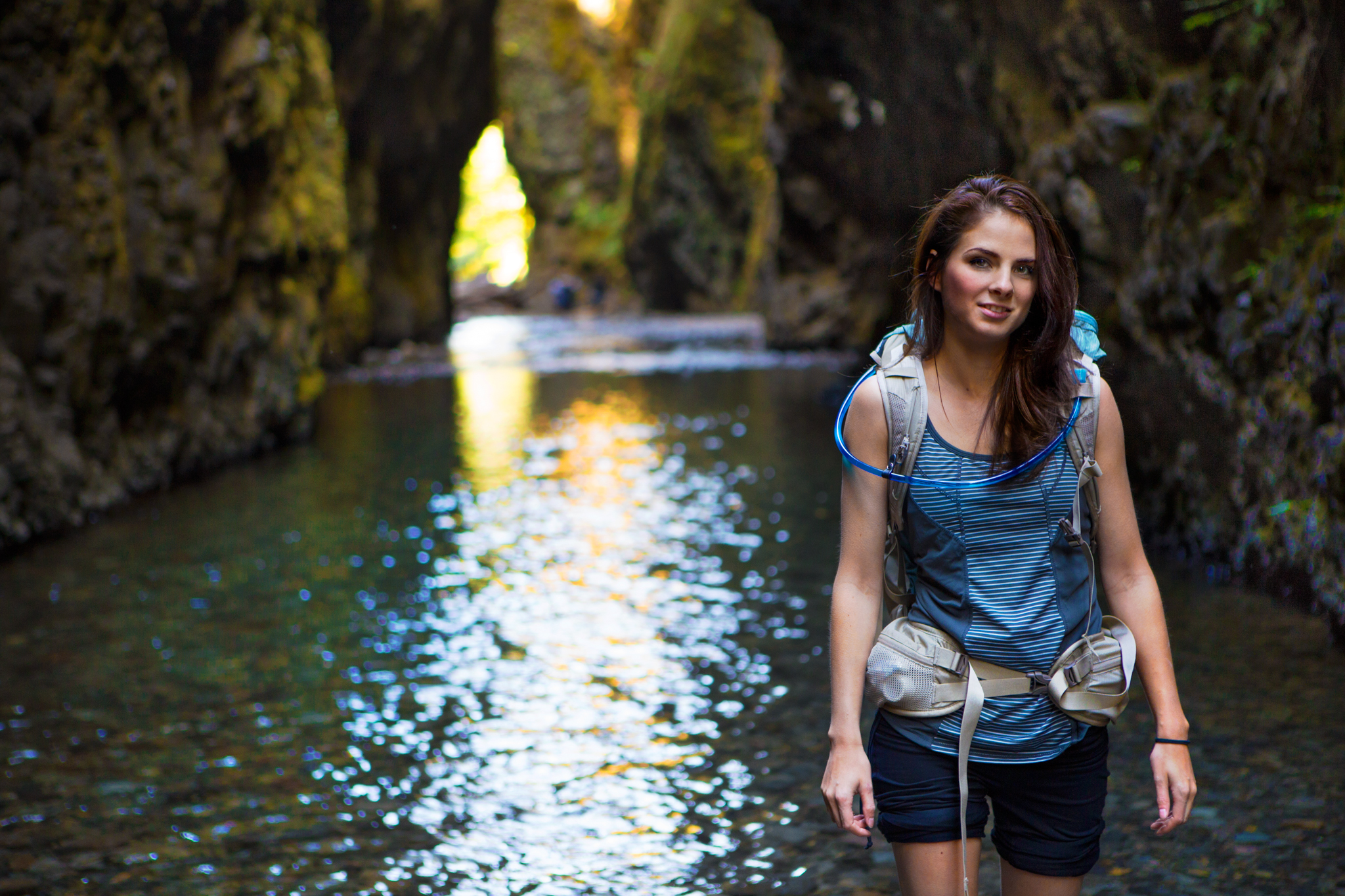 Nicole entering the first part of the water at the Oneonta Falls hike.