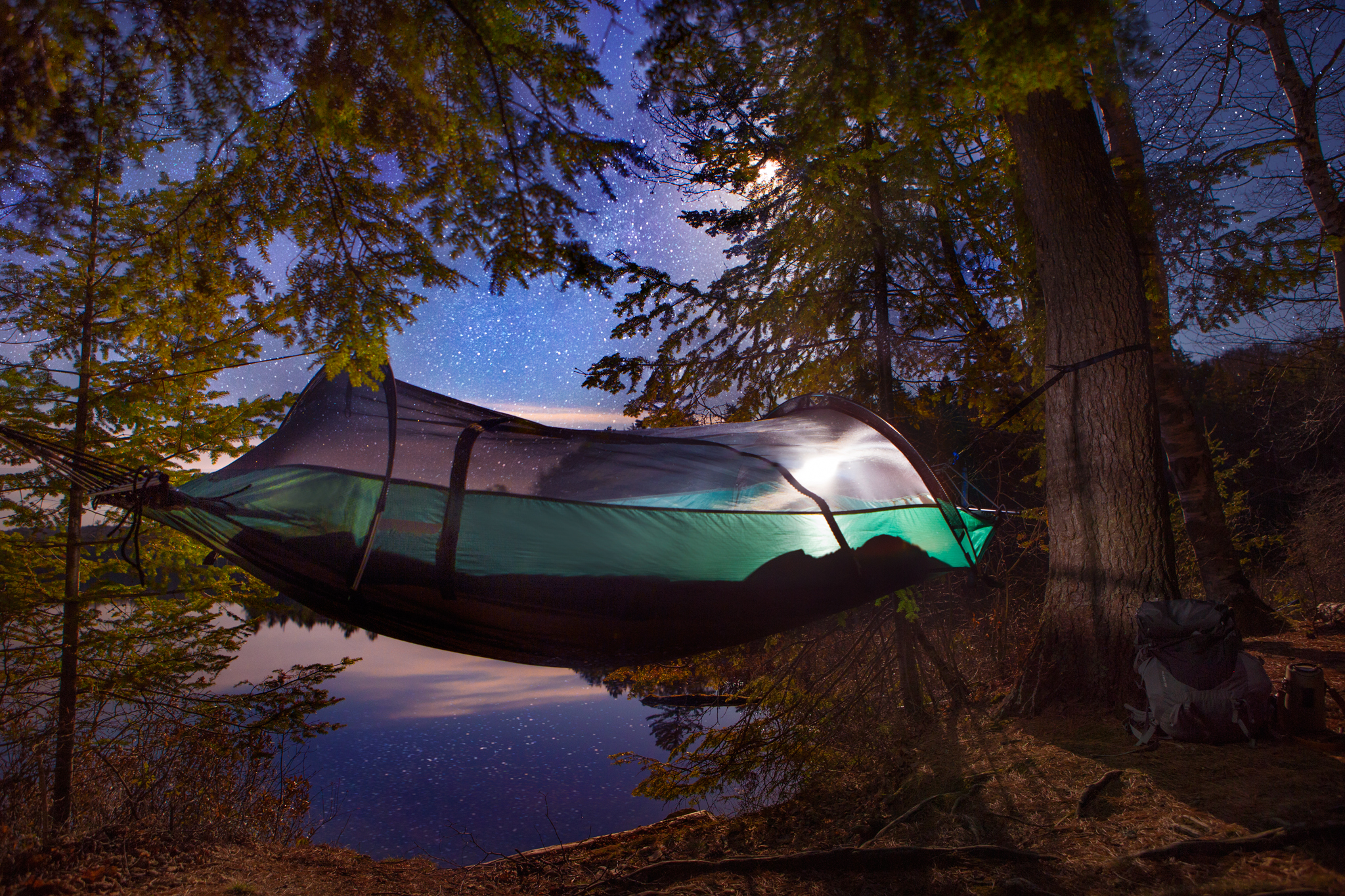 Lawson hammock set up under the moon and stars.