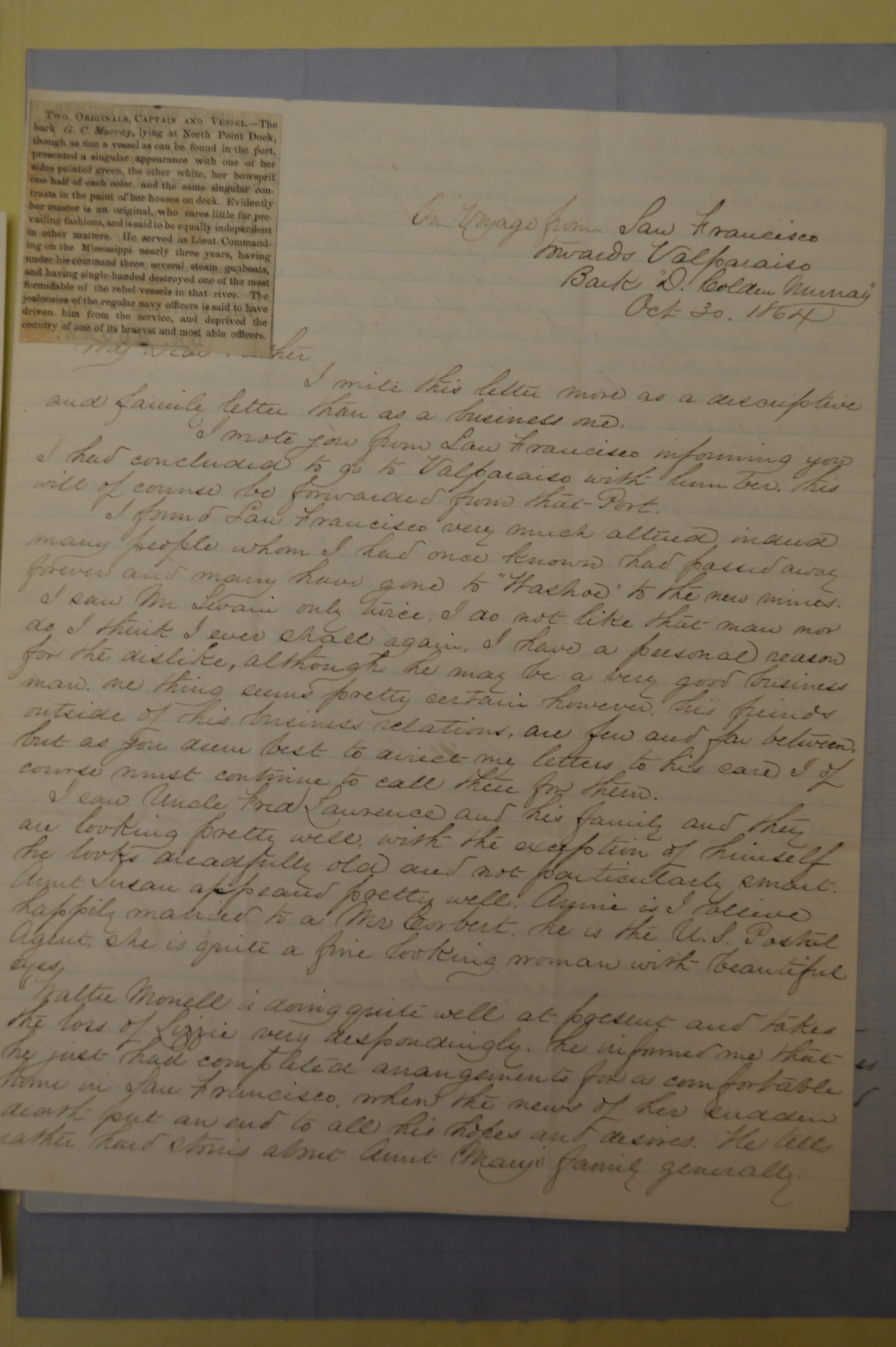 The letter from Daniel P. Upton that included the article he personally pasted on the letterhead for his Father to review
