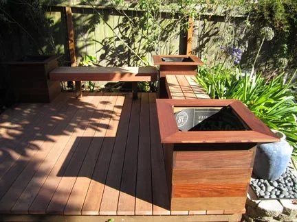 Deck with floating benches and custom planters, Bernal Heights