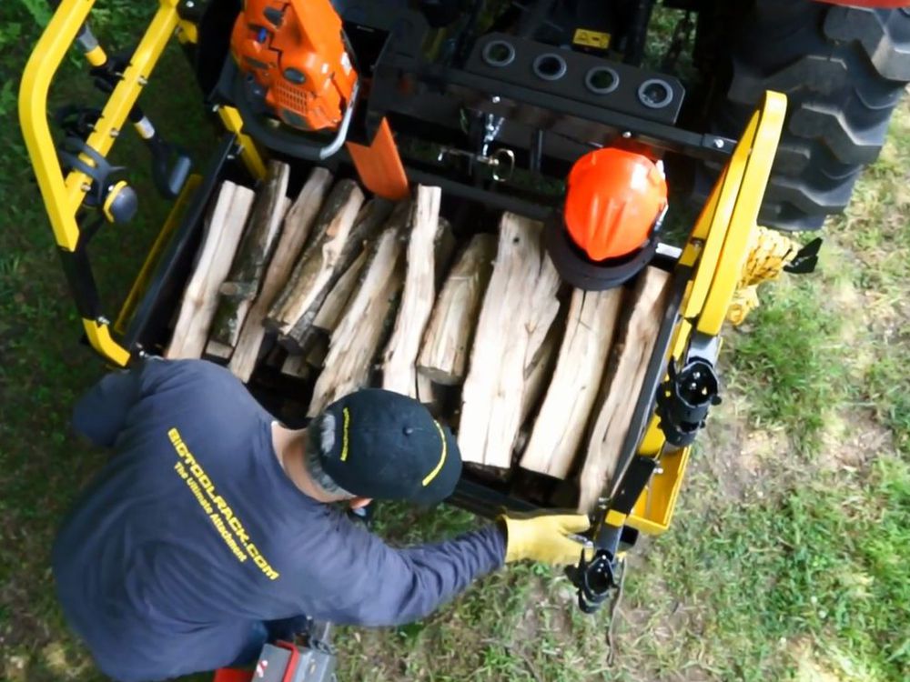 Bigtoolrack Haul Firewood, wood hauling truck, tractor cart for cutting logs, firewood chopping block for sale, firewood storage rack, best tractor cart for hauling wood, buy online firewood cart, tractor box for hauling wood.